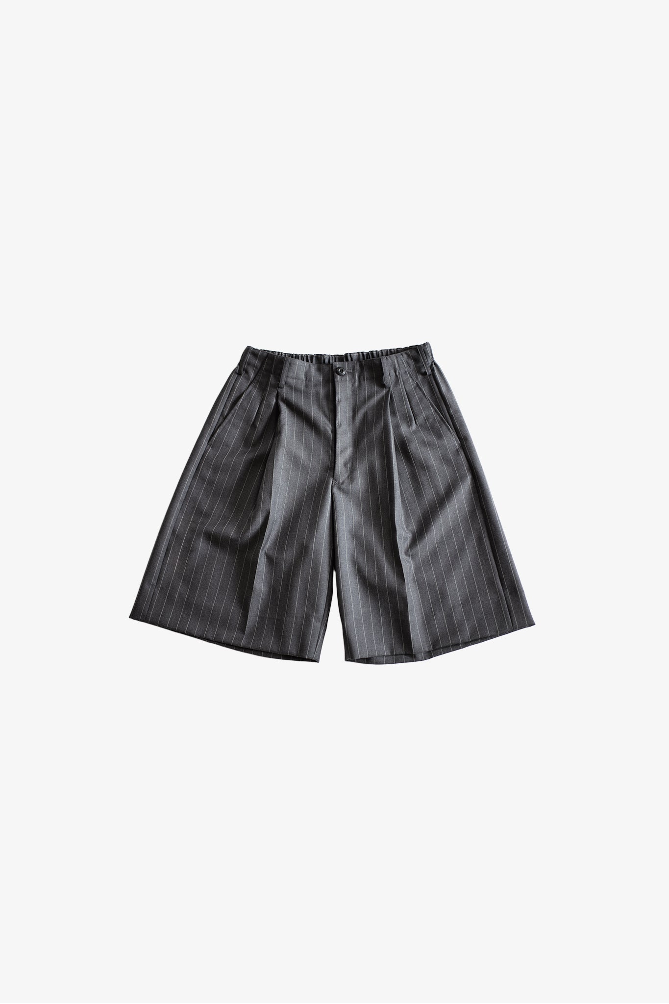 EESETT&Co　膝下の長めの丈で、プリーツ入りワイドシルエットのピンストライプのショーツ　グレー　正面